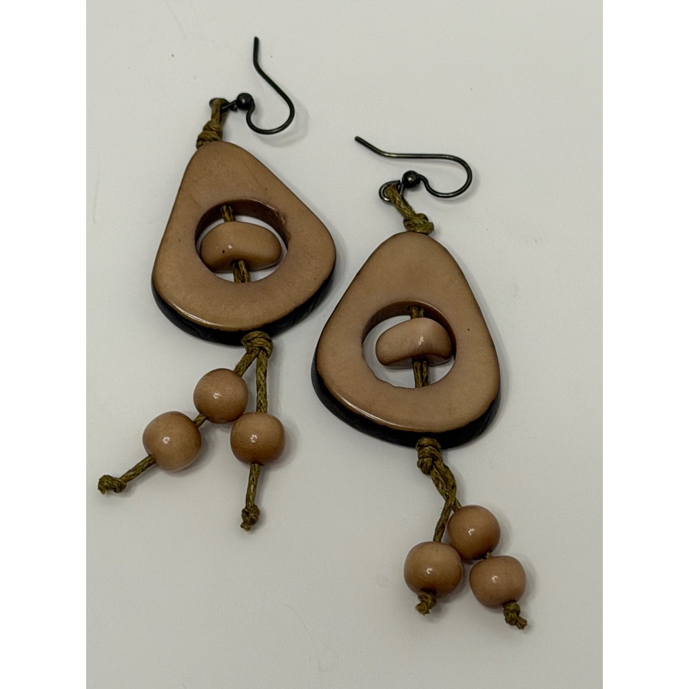 Boho Natural Tagua Nut Wood Bead Drop Earrings Tan Brown Earthy Dangle Tassel